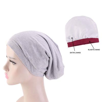 China Picture Cotton Elastic Band Satin Lining Sleep Cap Double Layer Hair Hood Chemo Hat TJM-423 for sale