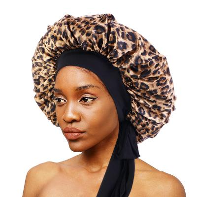 China Soft Floral Extra Soft Floral Sleep Cap Long Brim Band Hair Wrap With Ties Women Satin Hoods for sale