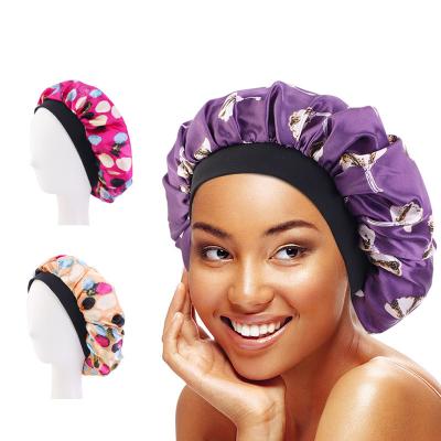 China Fashion New Arrival Women Floral Print Sleep Cap Wide Band Satin Hood For Natural Curly Hair for sale