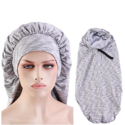 China Picture Double Layer Satin Hair Hood Sleep Hat Long With Band High Elastic Hair Care Night Hair Silk Hood For Women for sale