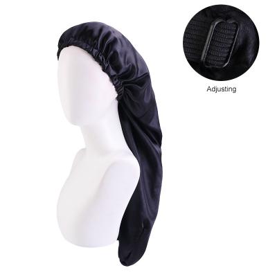 China New Picture Long Double Layer Satin Hood Sleep Hat With High Elastic Button Hair Band Night Cap Hair Care Hood For Women for sale