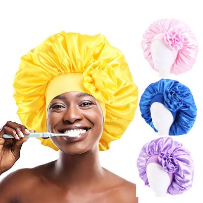 China Wholesale Designer Character Inspired Flower Silk Bonnets Colorful Satin Sleepwear Bonnets For Hair Beauty Shower Cap Hair Care Cap for sale