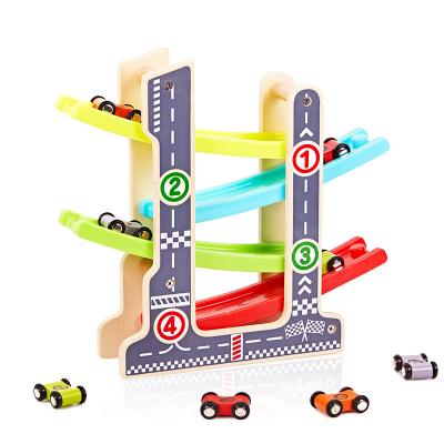 China Educational Toys Baby Toy Colorful Wood Race Track Solid Wooden Educational Ramp with 4 Wooden Racing Cars for sale