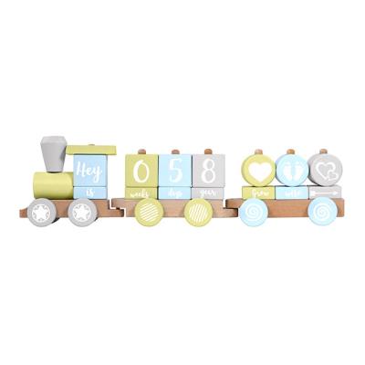 China Natural Baby Photo Prop Milestone Block Stacking Train Featuring Wooden Train and Building Blocks for sale