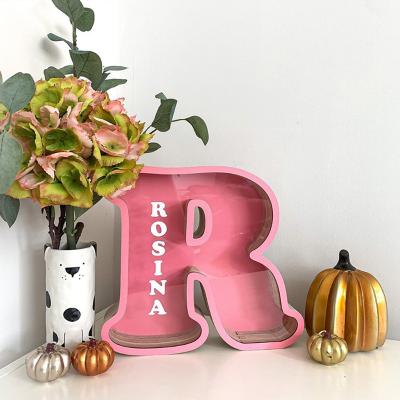 China Europe wooden letter piggy bank with acrylic cover for sale