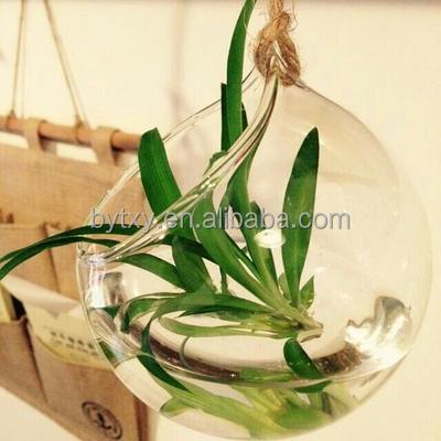 China Hand Made Home Decor Hanging Tilted Clear Glass Bowl Vase For Plant for sale