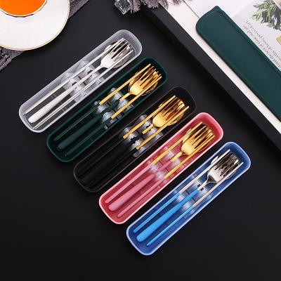 China Stainless Steel Disposable Tableware Chopsticks Fork Spoon Set 3pcs Camping Cutlery Travel Set With Sensitive Plastic Case for sale