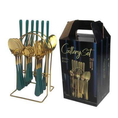 China Sustainable Rack Stainless Steel Cutlery 24PCS Set Gold Flatware Set With Color Box for sale