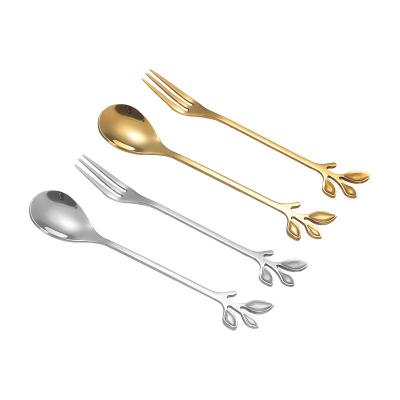 China Sustainable Stainless Steel Leaf Spoon And Coffee Fork Spoon And Fruit Fork For Family Desserts With A Fork And Spoon for sale