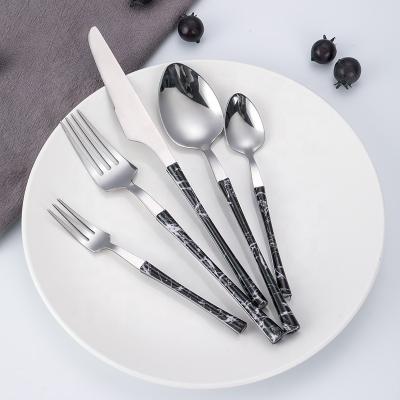 China SS430 4pcs handle wedding silver flatware spoon fork plastic marble cutlery set for sale