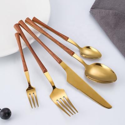 China Viable Western Dinner Knives Steak Knife Fork Spoon Cutlery Imitated Wooden ABS Handle Stainless Steel Plastic Flatware Set for sale