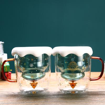 China New Design Sustainable Christmas Tree Shape Funny Christmas Design Coffee Mug Glass Double Wall Shaped Mugs With Lid for sale