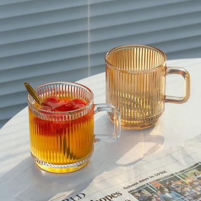 China Viable Iridescent Glass Coffee Mug With Lid Vertical Stripes Premium Classic Glass Tea Cup For Latte Tea for sale