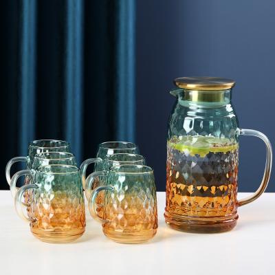 China Bedside Viable Hot Nordic Stylish Home Leak Style Amber Cold Brew Lemonade Glass Jug Tea Resistant Pitcher for sale