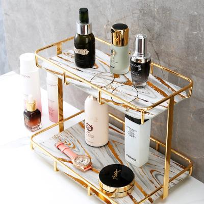 China Sustainable Makeup Organizer 2 Tier Glass Vanity Tray For Perfume Makeup And Toiletries Wire Bathroom Cosmetic Shelf For Dresser Countertop for sale