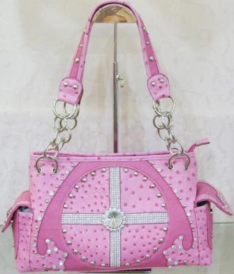 China cowgirl pink ostrich stripe leather fashion crystal rhinestone western handbags for sale