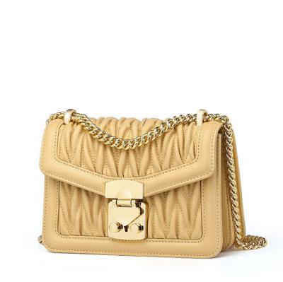 China Pleated Cowhide Bags Real Leather Cross-body Bag for Lady Flap Bags with Lock for sale