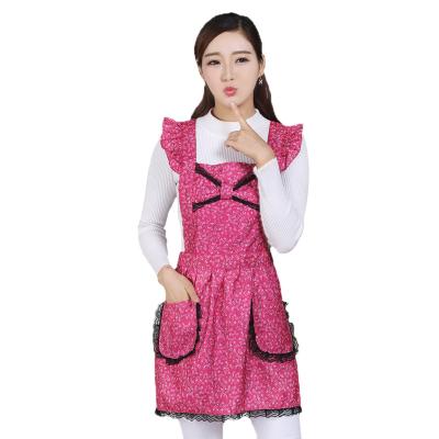 China Custom Made Polyester Ruffle Lace Woman Pink Kitchen Apron Casual for sale