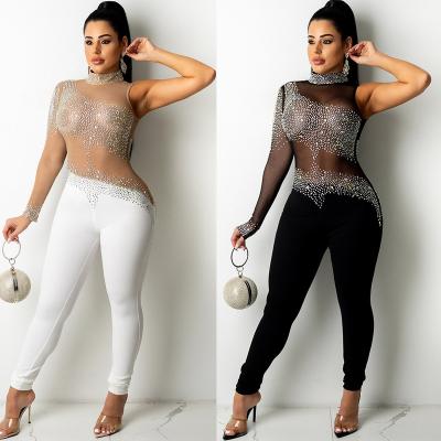 China 2022 Manufacturer Sexy Overalls QUICK DRY Club Wear Gauze Perspective Mock Neck Zip One Shoulder Long Sleeve Rhinestone Overalls for sale