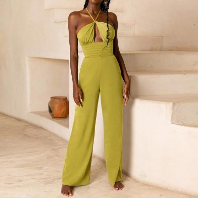 China Breathable Hollow Out Halter Neck Overalls Autumn Women Sexy Elegant Skinny One Piece Overalls for sale