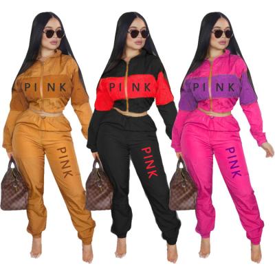 China Fashion Breathable Hot Selling Leisure Sports Two Color Mosaic Printed PINK Long Sleeve Women's Two Piece Set for sale