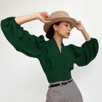 China Factory Vintage Style Anti-Wrinkle Solid Color French Puff V-Neck Long Sleeve Blouse Fashion Button Up Women Office Lady Top Shirt For for sale