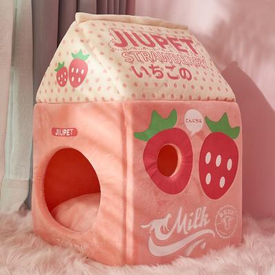 China Stocked Pet Supplier Milk House Kennel For Cat House Removable And Washable Custom Made Cute Cat Bed Milk Box Milk Roof Cat House for sale