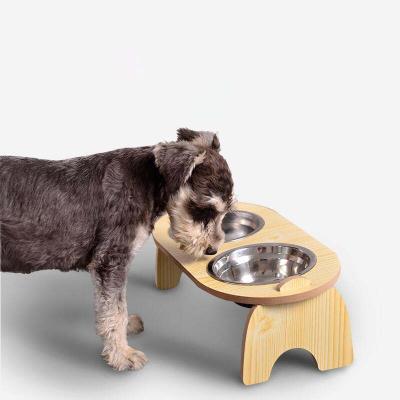 China OEM Sustainable Ceramic Rose White Wooden Elevated Pet Food Water Feeder Custom Bowls For Dogs Cats for sale