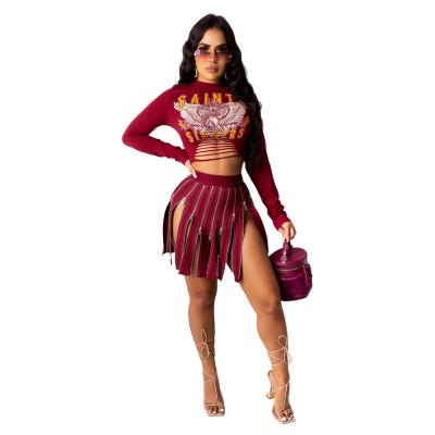 China Breathable Sexy Round Neck Long Sleeve Hole Printed Crop Top Sparkly Zipper A Line Mini Skirt Set Two Piece With Skirt Slit for sale