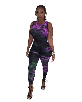 China 2020 Summer Breathable Women Knitting Tie Dye Printed Jumpsuits Sexy Round Neck Sleeveless Jumpsuit Fashion Bodycon Romper JH184 for sale