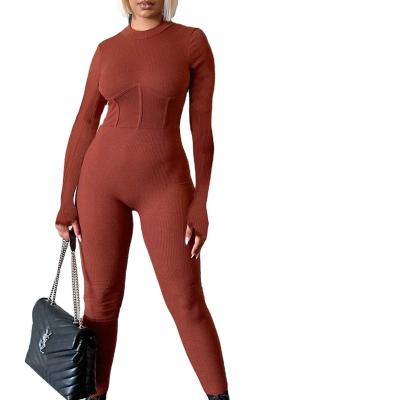 China 2020 Autumn Women's Breathable Jumpsuit Casual Solid Color Round Neck Long Sleeves Skinny One-Piece Overalls for sale