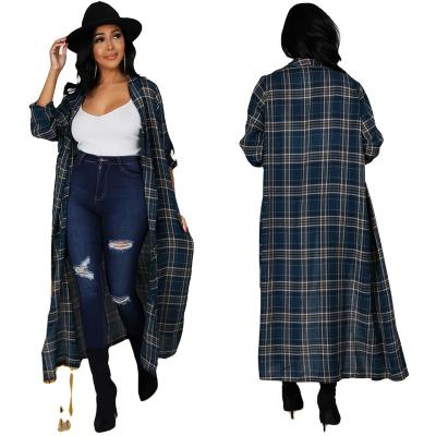 China X5519 Women's Breathable Winter Coat Women's Casual Lapel Button Down Long Plaid Shirt Coat Tartan Shacket Jacket For Fall for sale