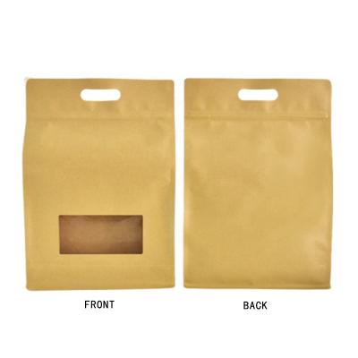 China Aseptic Portable Kraft Paper Stand Up Bag Flat Bottom Eight Sides Sealing Kraft Paper Bag With Handle And Window For Food Packaging for sale