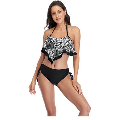 China New Two Piece Flower Print Swimsuit Beach Wear Anti-UV Bikini Off The Shoulder Bikinis Set Double Lotus Leaf Swimsuit Women Swimwear For for sale