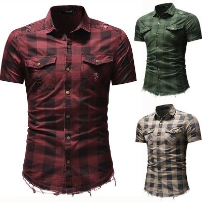 China Anti-pilling wholesale most popular classic lon check cotton men's denim casual thin fitted plaid shirts shirts for sale