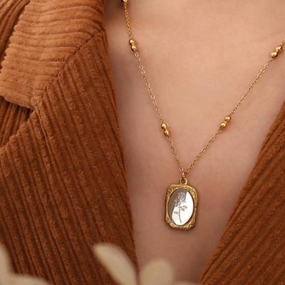 China New Spanish Embossed Vintage Magic Mirror Rose Geometric Square Necklace Retro Mark Titanium Steel Ball Chain Necklace Female for sale