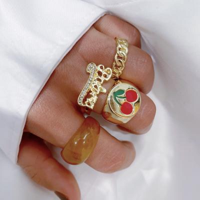 China Cute Fresh Sweet TRENDY Ring Set Acrylic Enamel Cherry Fruit Ring Personality Fashion Metal Chain for sale