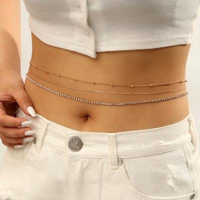 China TRENDY Multi-layer Thin Belly Chain Fashion Metal Beads Rhinestone Tennis Chain Sexy Body Chain Women for sale