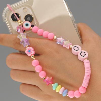 China 2021 Summer New Ceramic Pink Round Beads Chain Acrylic Colorful Smiley Wrist Cell Phone Soft Ceramic Beaded Chain Girl for sale