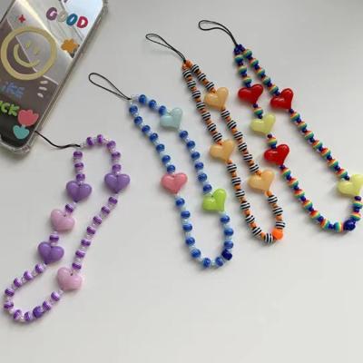 China New Peach Color Heart Mobile Phone Strap Handmade Beaded Color Acrylic Rainbow Cell Phone Heart Shaped Chain for sale