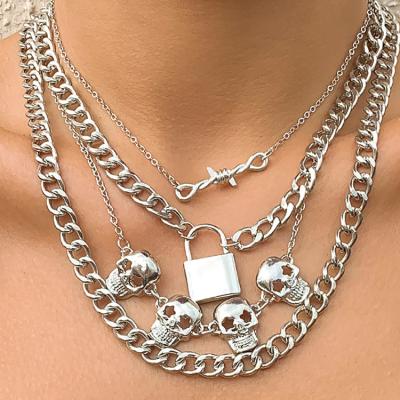 China Retro Skull Clavicle Chain Hip Hop Pendant Punk Jewelry Halloween Lock Knotted Cross Chain Necklace Female for sale