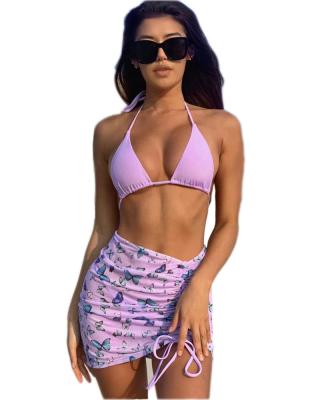 China Wholesale Strappy Swimwear USA Suppliers Removable Padded Swimwear Purple Butterfly Bikini Cover Mayo De Bain Femme 3 Piece Swimwear for sale