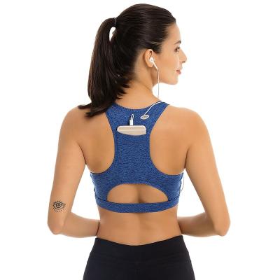 China Breathable Sustainable Sports Wear Phone Pocket Sporty Fitness Women Custom Yoga Bra for sale