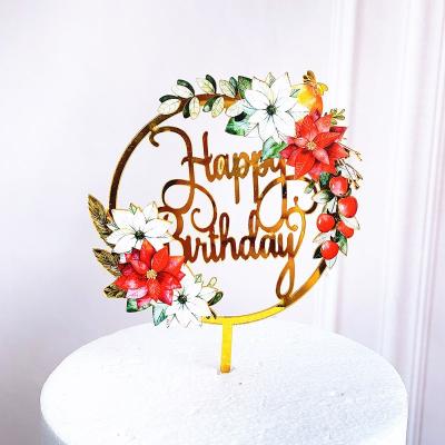 China New Acrylic Cake Topper Colorful Flower Decoration Happy Birthday Cake Topper Drcoration Wedding Decoration for sale