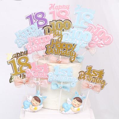 China Paper 1 Year 100 Days 18 Years Bow Paper Cake Topper Child Kids Birthday Decoration Party Supplies Adult Baby Shower Ceremony for sale