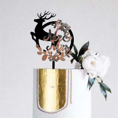 China Vintage Romantic Acrylic Wedding Cake Toppers Gold Sliver Mr & Mrs Cake Toppers Acrylic Deer With Flowers Engagement Cake Decoration for sale