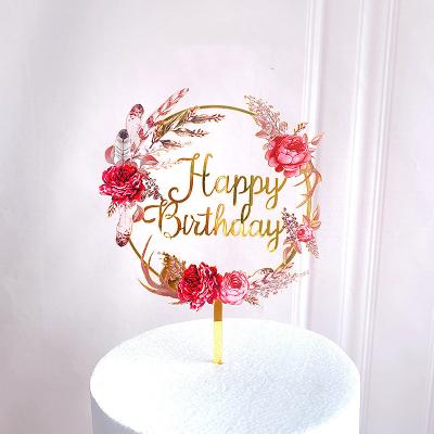 China New Design Flower Birthday Cake Topper Decoration For Wedding And Acrylic Happy Birthday Hot Selling Products for sale