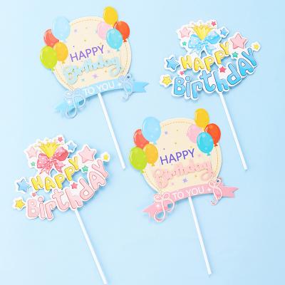 China Happy Birthday Cake Topper Pink Blue Balloon Cake Decorating Paper Bowknot Baby Shower Crown Decoration Boy or Girl Baking Gifts for sale