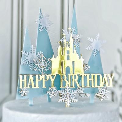 China Acrylic Colorful Tree Birthday Topper Gifts Happy Birthday Cake Topper Snow Castle Double Acrylic Cake Decoration for sale