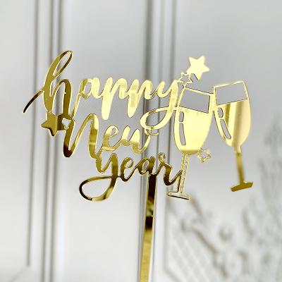 China Acrylic Acrylic Cake Topper Letter Happy New Year With Glass Wine Cheers New Year's Eve Party Baking Cake Decoration Gifts for sale